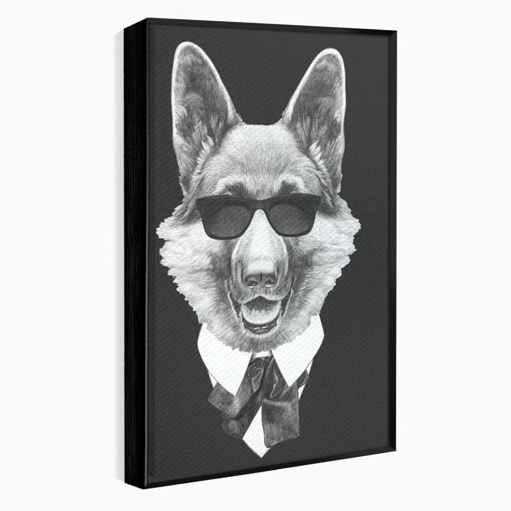 Tablou canvas cu portret ilustrativ caine gentleman, in rama de aluminiu negru